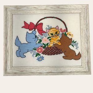 Vintage Kitsch Kawaii Kittens in Basket Crewel Artwork Embroidered Cats Flowers